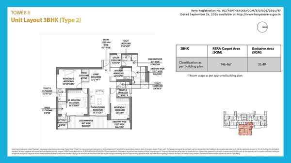 Godrej Miraya Tower B 3BHK (Type 2) floor plan, with 3 bedrooms, kitchen, living/dining area, and balconies. Carpet area: 146.47 SQM, Exclusive area: 35.4 SQM. Room dimensions and layout details included.