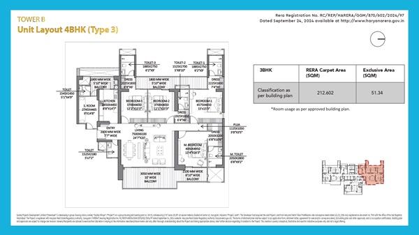 Godrej Miraya Tower B 4BHK (Type 3) floor plan with 4 bedrooms, living area, kitchen, balconies. Carpet area: 212.6 SQM, Exclusive area: 51.3 SQM.