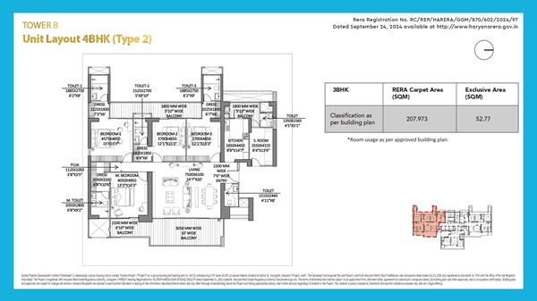 Godrej Miraya Tower B 4BHK (Type 2) floor plan with 4 bedrooms, living area, kitchen, balconies. Carpet area: 207.97 SQM, Exclusive area: 52.77 SQM.