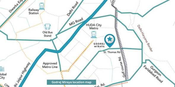 Map showing the location of Godrej Miraya in Sector 43, Golf Course Road, Gurugram. Key landmarks include the nearby HUDA City Metro Station, Golf Course Road, Delhi Road, and major highways like the Delhi-Jaipur Highway. Other points of interest marked are the Old Bus Stand, Railway Station, and approved metro lines.